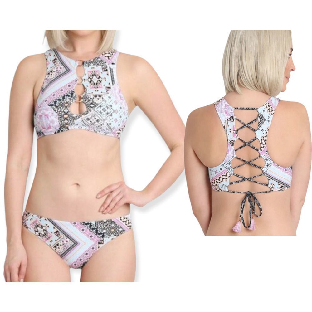 Nanette Lepore Hannah High Neck Marrakesh Megerie Bikini Set Swim Pink‎ Size 8